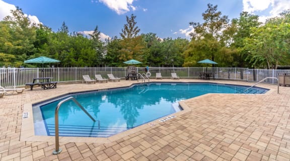 a swimming pool with chairs and umbrellas in a backyard with trees