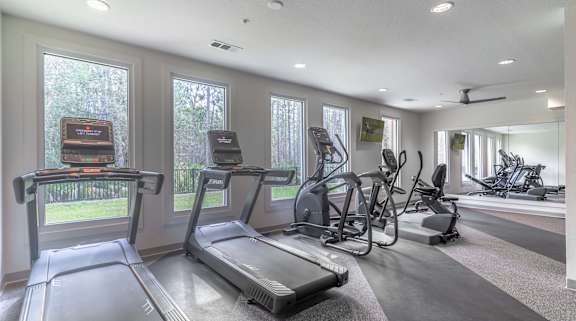 A spacious home gym with treadmills, elliptical machines, and a bicycle.