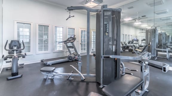 a gym with weights and cardio machines and a ceiling fan