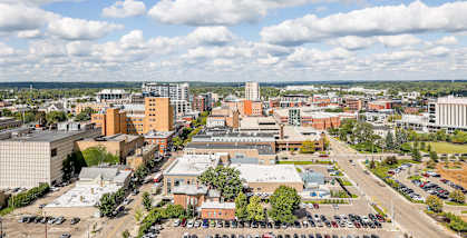 an aerial view of the city in the