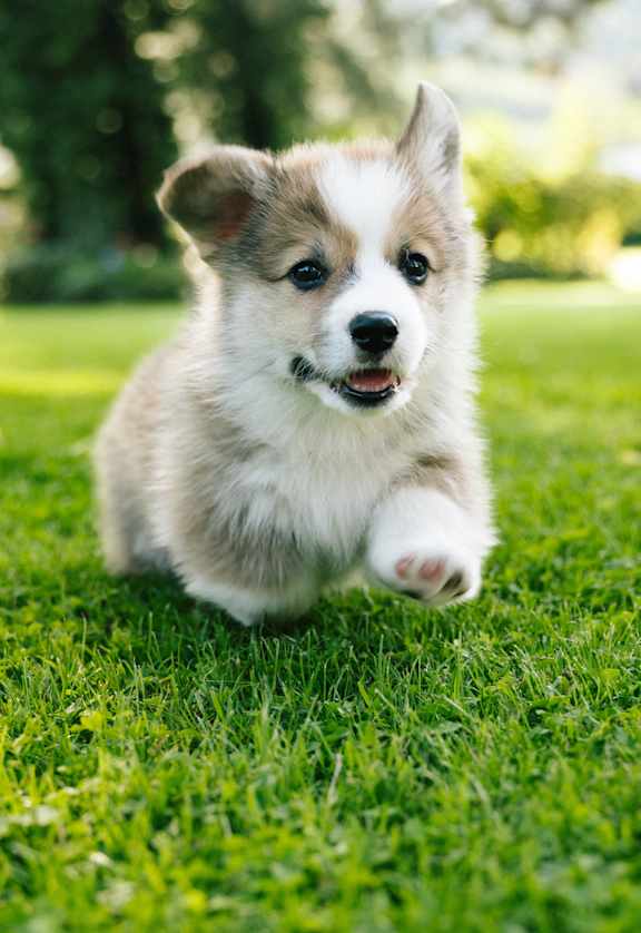 a white and brown dog running in the grass