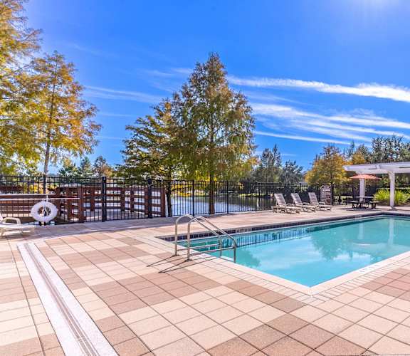 A pool surrounded by a tiled patio and trees.