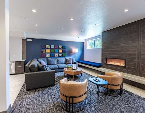 a living room with couches and chairs and a fireplace