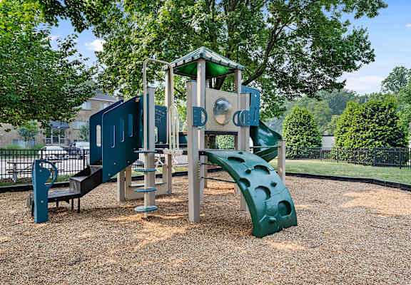 a playground with a jungle gym and slides in a park