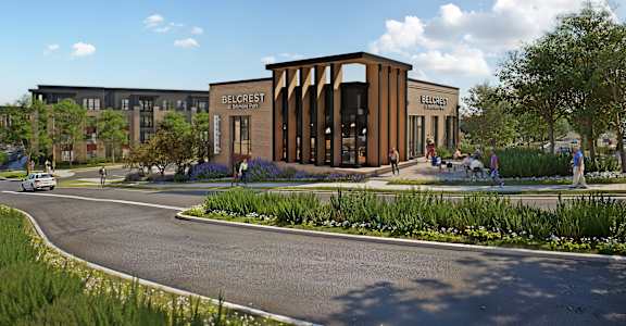 A modern building with the name Belcrest on it.