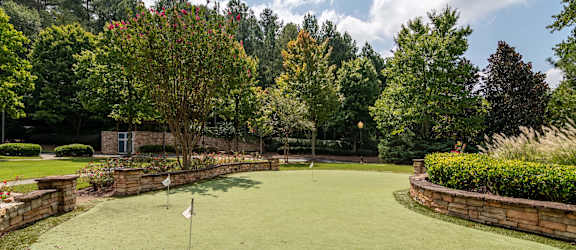 a putting green with trees in the background
