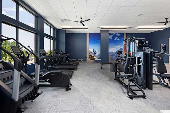 A gym with treadmills, elliptical machines, and other exercise equipment.