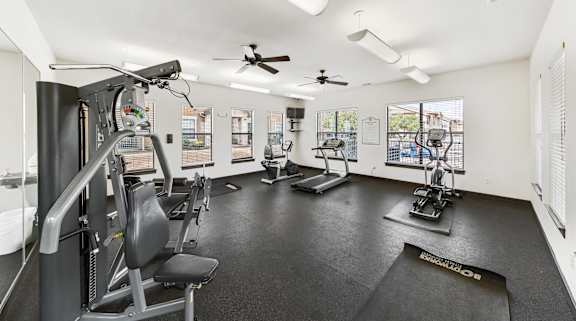 the gym has plenty of exercise equipment and windows