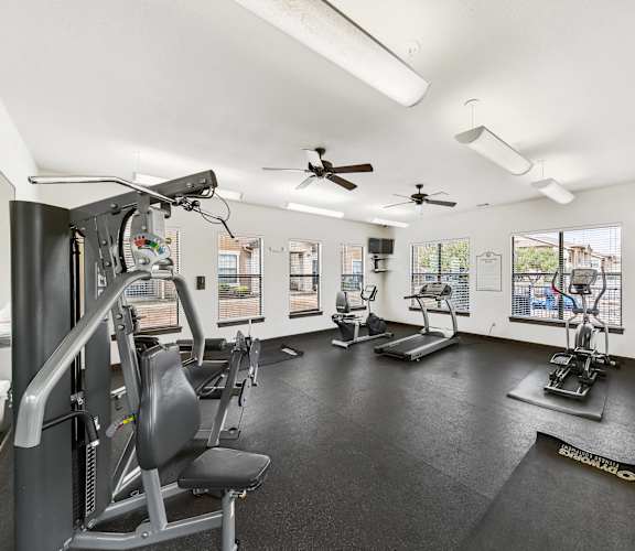 the gym has plenty of exercise equipment and windows