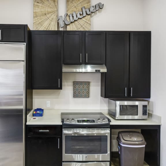 a kitchen with black cabinets and stainless steel appliances and a refrigerator