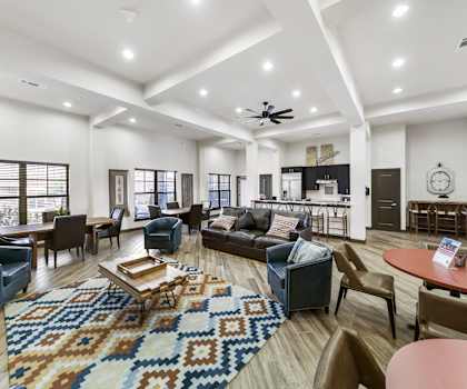 a living room with couches and chairs and a rug