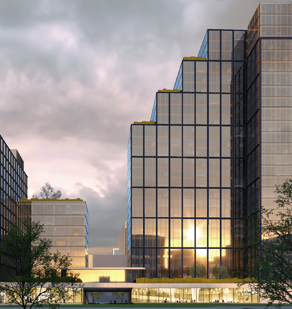 building with the sun shining between two tall buildings at AVE Hamilton Green - 25 Cottage Apartments, White Plains ,New York, 10601