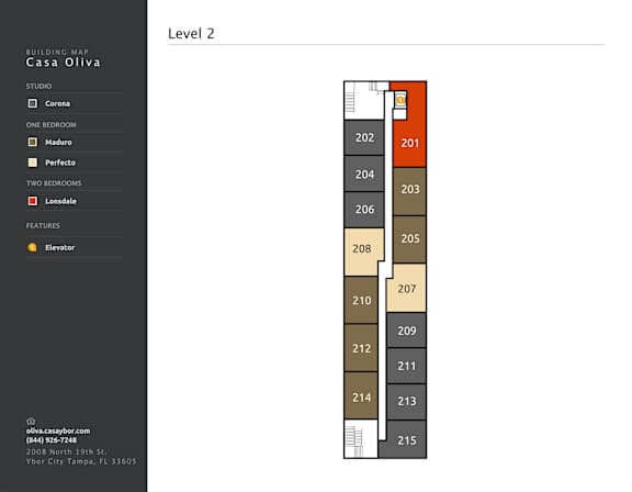 A building map for Casa Oliva shows the layout of the studio, one bedroom, two bedrooms, and features like an elevator.
