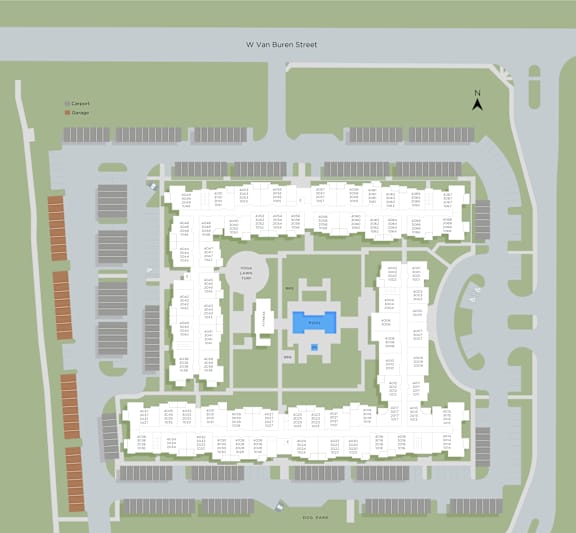 A map of a complex with a blue square in the middle.