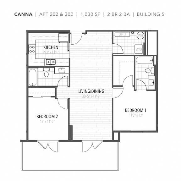 Canna spacious floor plan at the Flats at Tioga Town Center with two bedroom two bathroom