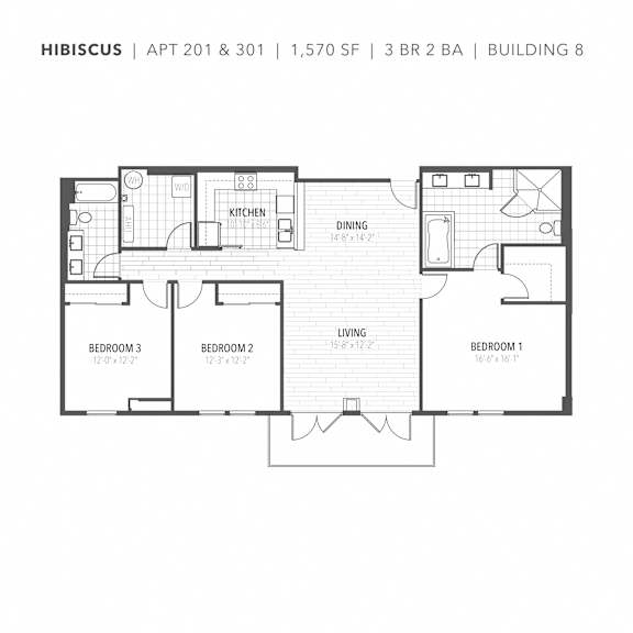 Hibiscus floor plan with three bedrooms two bathrooms at The Flats at Tioga Town Center