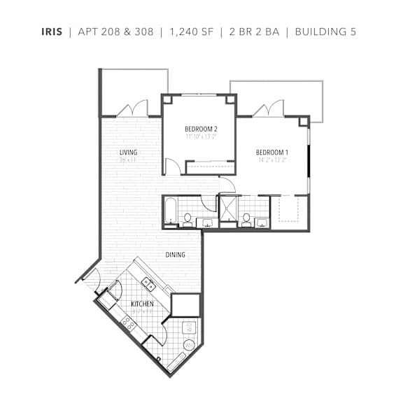 The Flats at Tioga Town Center Iris floor plan with tow bedrooms two bathrooms