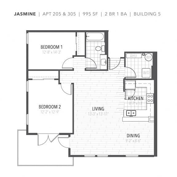 Two bedroom one bathroom Jasmine floor plan at Newberry, FL apartments