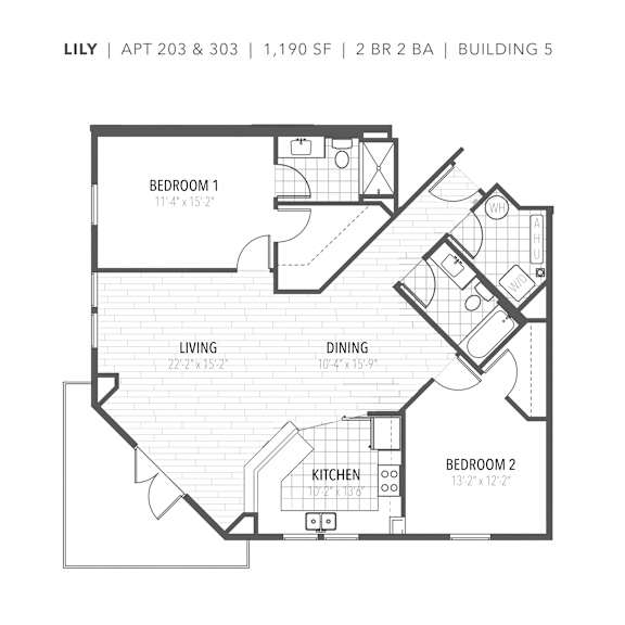 Two bedroom two bathroom Lily floor plan at apartments in Newberry, FL