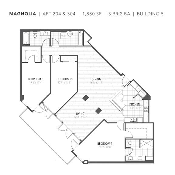 Magnolia floor plan with three bedrooms two bathrooms at The Flats at Tioga Town Center