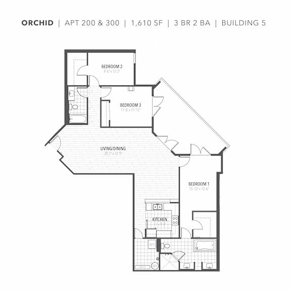 Newberry, FL apartment Orchid floor plan with three bedrooms and two bathrooms