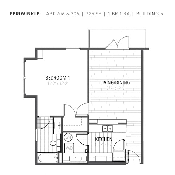 Periwinkle floor plan with one bedroom one bathroom at The Flats at Tioga Town Center