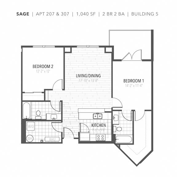 Two bedroom two bathroom Sage apartment floor plan at The Flats at Tioga Town Center