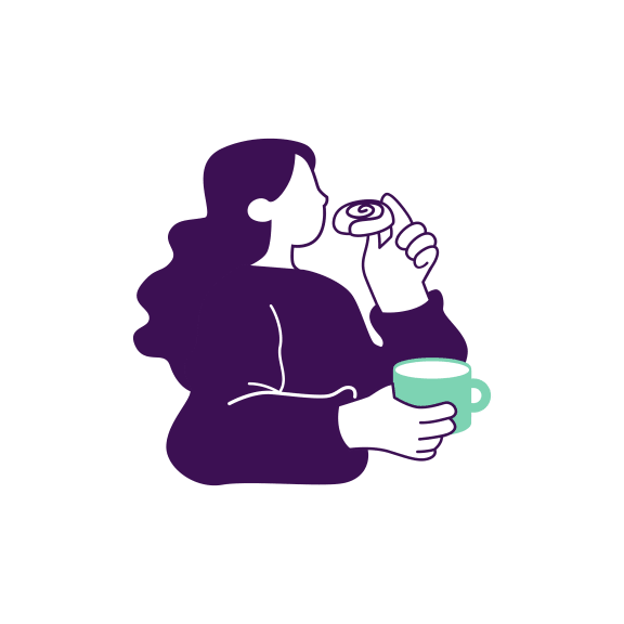 a woman holding a cup of coffee and a donut illustration