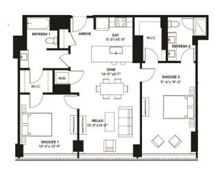 2 Bad 2 Bath Floor Plan with 1,180 Sq. Ft. at The Elle Apartments, Chicago