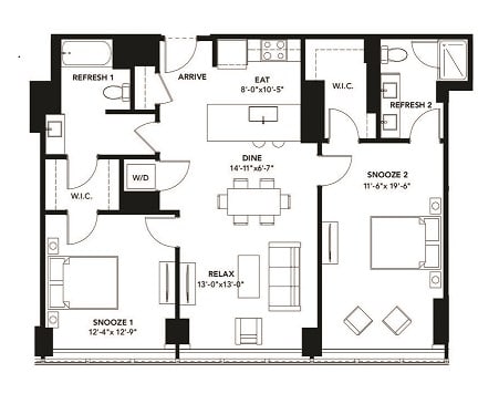 2 Bad 2 Bath Floor Plan with 1,180 Sq. Ft. at The Elle Apartments, Chicago