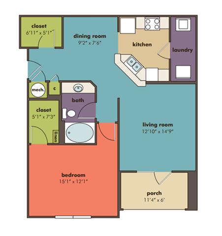 Floor Plan  1bedroom 1 bathroom Carina Floorplan at Abberly Crossing Apartment Homes by HHHunt, Ladson, SC, 29456