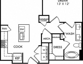 Wright 1 bedroom floor plan apartment with L-shaped kitchen with island and pantry cabinet, open to living-flex space, hall closet, one bath with double sinks and 2 walk-in closets. Balcony.