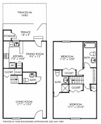 Brentwood with Fenced-in Yard. 2 bedroom townhome. Kitchen ,living, and dinning rooms. 2 full bathroom + powder room, shower stall in master. Patio/balcony open to yard.