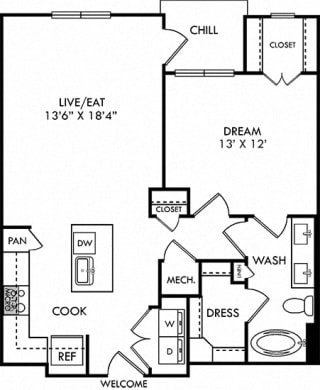 Wright 1 bedroom floor plan apartment with L-shaped kitchen with island and pantry cabinet, open to living-flex space, hall closet, one bath with double sinks and 2 walk-in closets. Balcony.