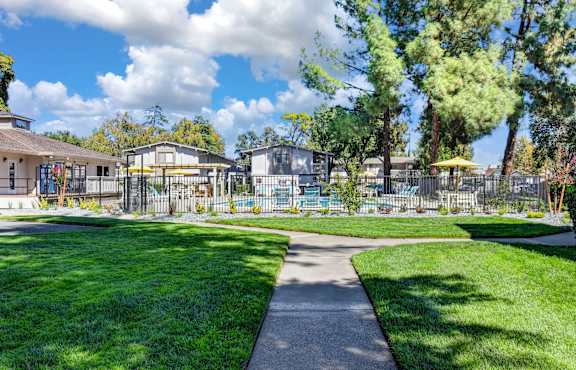 A sunny day at a park with a walking path in the foreground.