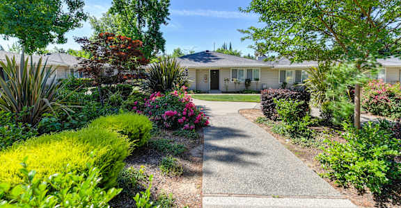 a house with a sidewalk in front of it surrounded by plants and trees