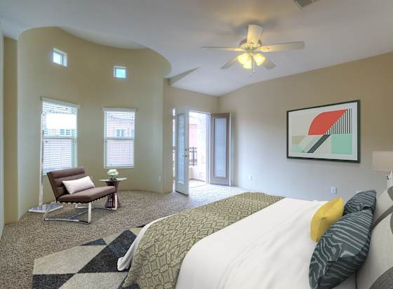 Furnished example: bedroom at Monterosa Villas.