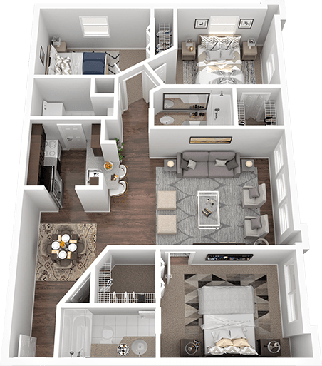 A floor plan of a house with a bedroom, living room, kitchen, and bathroom.