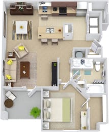 Madrid 3D. 1 bedroom apartment. Kitchen with bartop open to living/dinning rooms. 1 full bathroom. Walk-in closet. Patio/balcony. External storage.