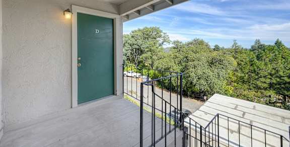 A balcony with a green door and a metal railing.