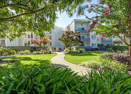 A pathway leads through a lush green garden in front of a modern building.