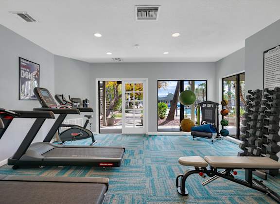 A gym with treadmills, exercise balls, and a bench.