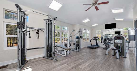 A spacious gym with a variety of equipment including a squat rack, bench press, and a treadmill.