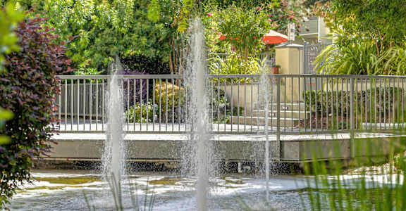 A fountain in a garden with water shooting up from it.