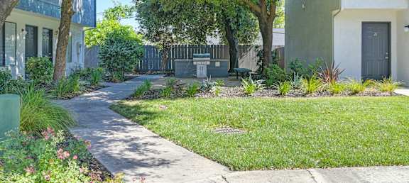 A tree-lined walkway leads to a building.