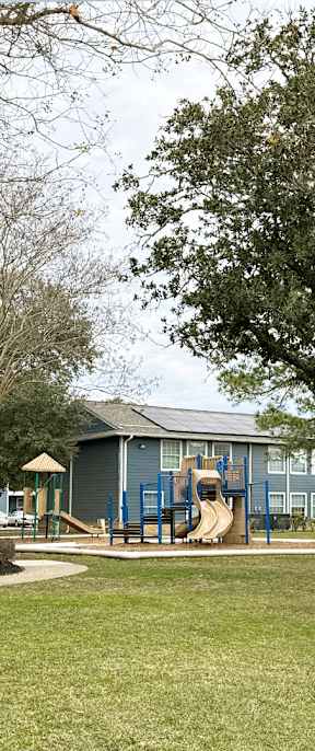 A playground with a blue slide and a green lawn.