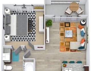 3D Armstrong 1 Bedroom apartment floor plan. Entry closet, kitchen with peninsula island and pantry, open to living space, 1 bathroom with linen cabinet and walk-in closet. in-unit laundry, balcony.