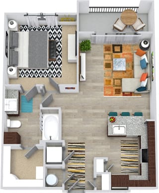 3D Armstrong 1 Bedroom apartment floor plan. Entry closet, kitchen with peninsula island and pantry, open to living space, 1 bathroom with linen cabinet and walk-in closet. in-unit laundry, balcony.