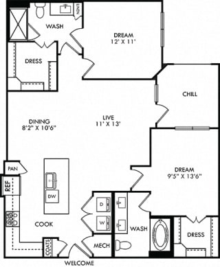 Wallace 2 bedroom - entry closet, L-shaped kitchen with island and pantry, open to living-dining room, 1 bath with double vanity, and tub, 1 bath with shower. Walk-in closets. Balcony. washer/dryer.
