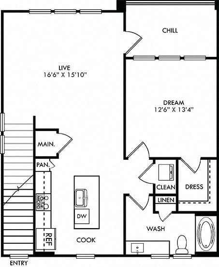 The Pickett. 1 bedroom apartment, 1st floor entry. Kitchen with island open to living room. 1 full bathroom. Walk-in closet. Patio/balcony.